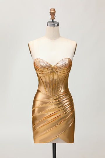 Sparkly Golden Strapless Corset Tight Short Homecoming Dress with Beading